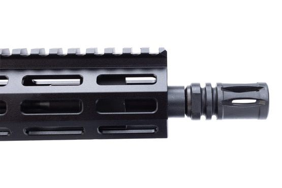 This AR-15 pistol features a flash hider.